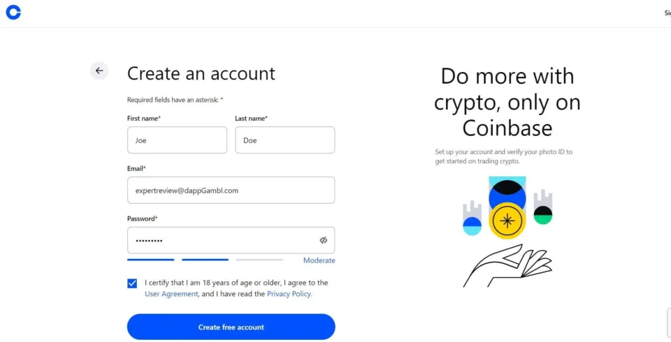 Coinbase sign up form dappGambl 2-min